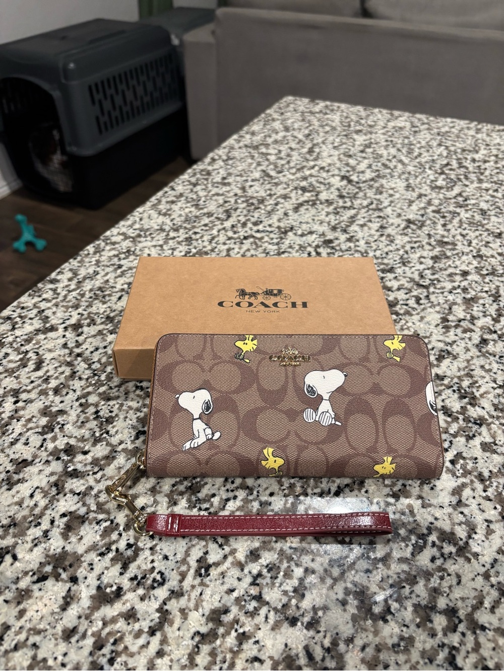 Coach Brown Signature Snoopy Zip Wallet with Red Wristlet